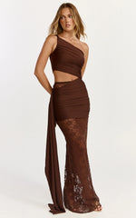 Ferguson Maxi Dress - One Shoulder Draped Jersey and Lace Dress in Chocolate