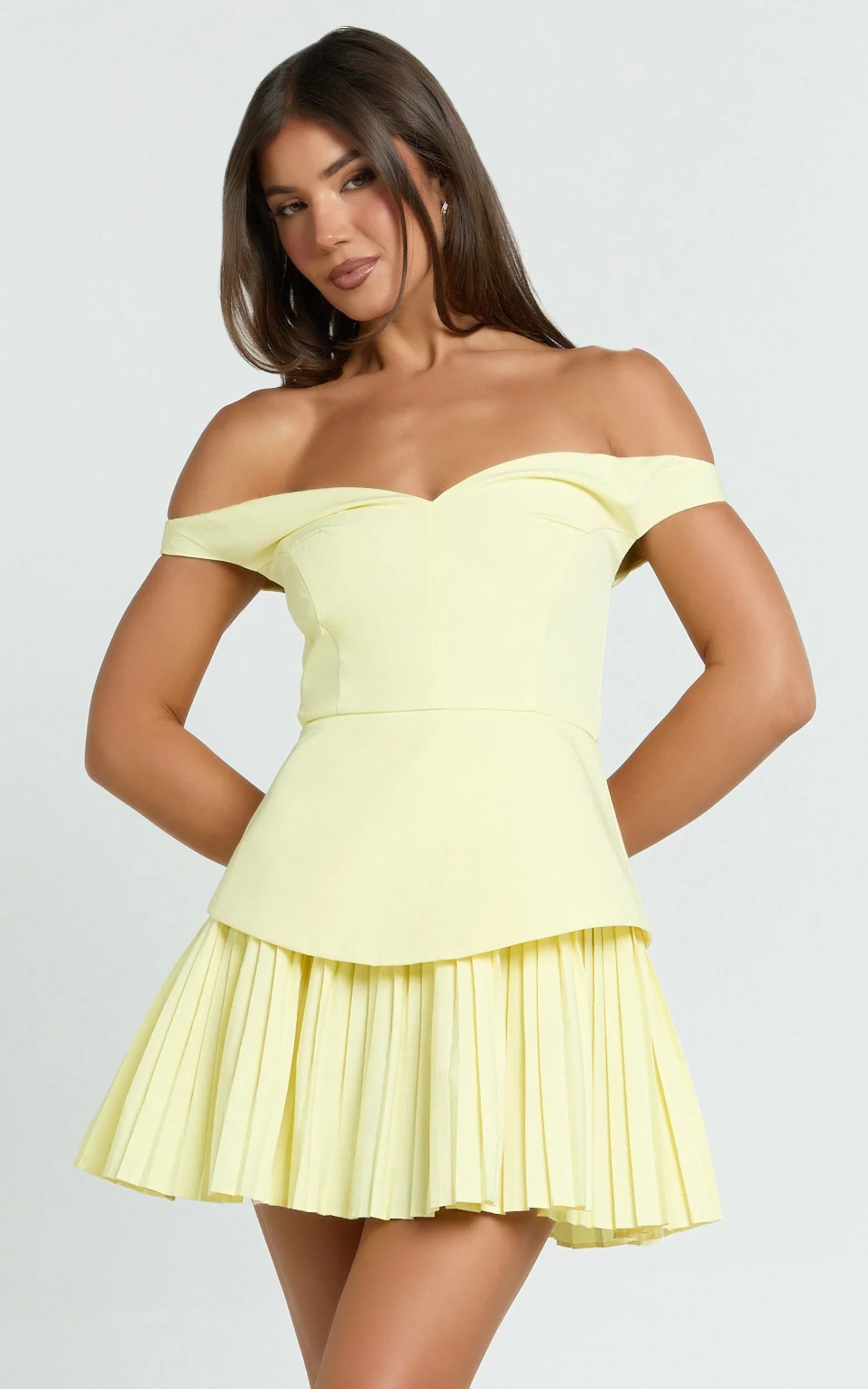 Izara Mini Dress - Off Shoulder Pleated Dress in Lemon